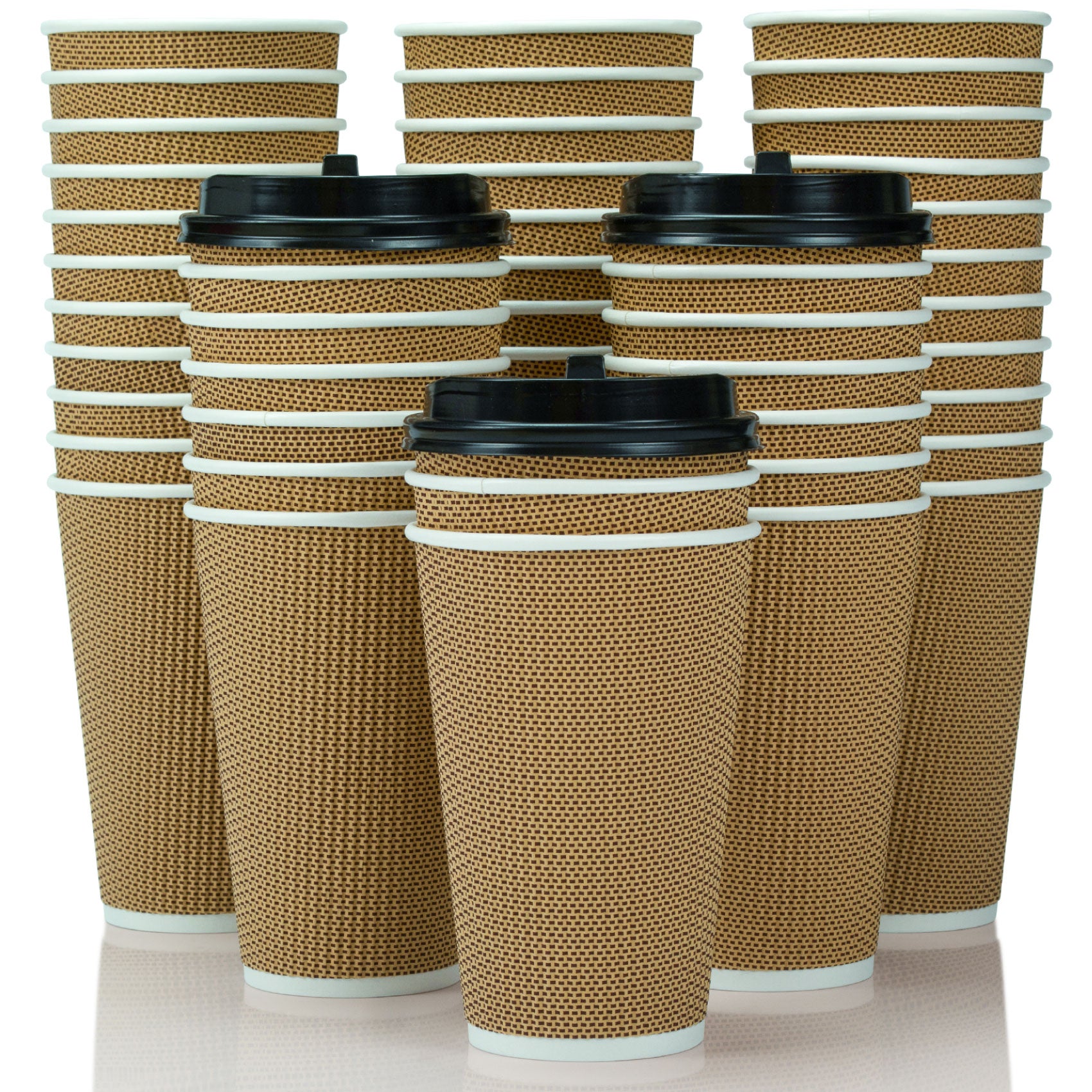 OzBSP Disposable BROWN Paper Coffee Cups & Lids 16 oz. 90 Pack Ripple Wall Design