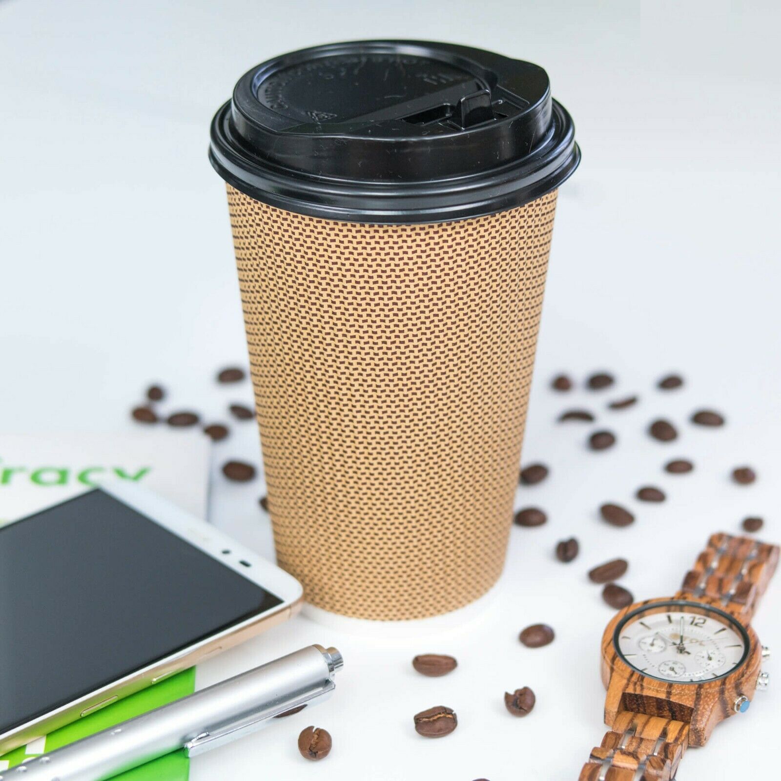 OzBSP Disposable BROWN Paper Coffee Cups & Lids 16 oz. 90 Pack Ripple Wall Design