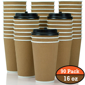 OzBSP Disposable BROWN Paper Coffee Cups & Lids 16 oz. 90 Pack Ripple Wall Design