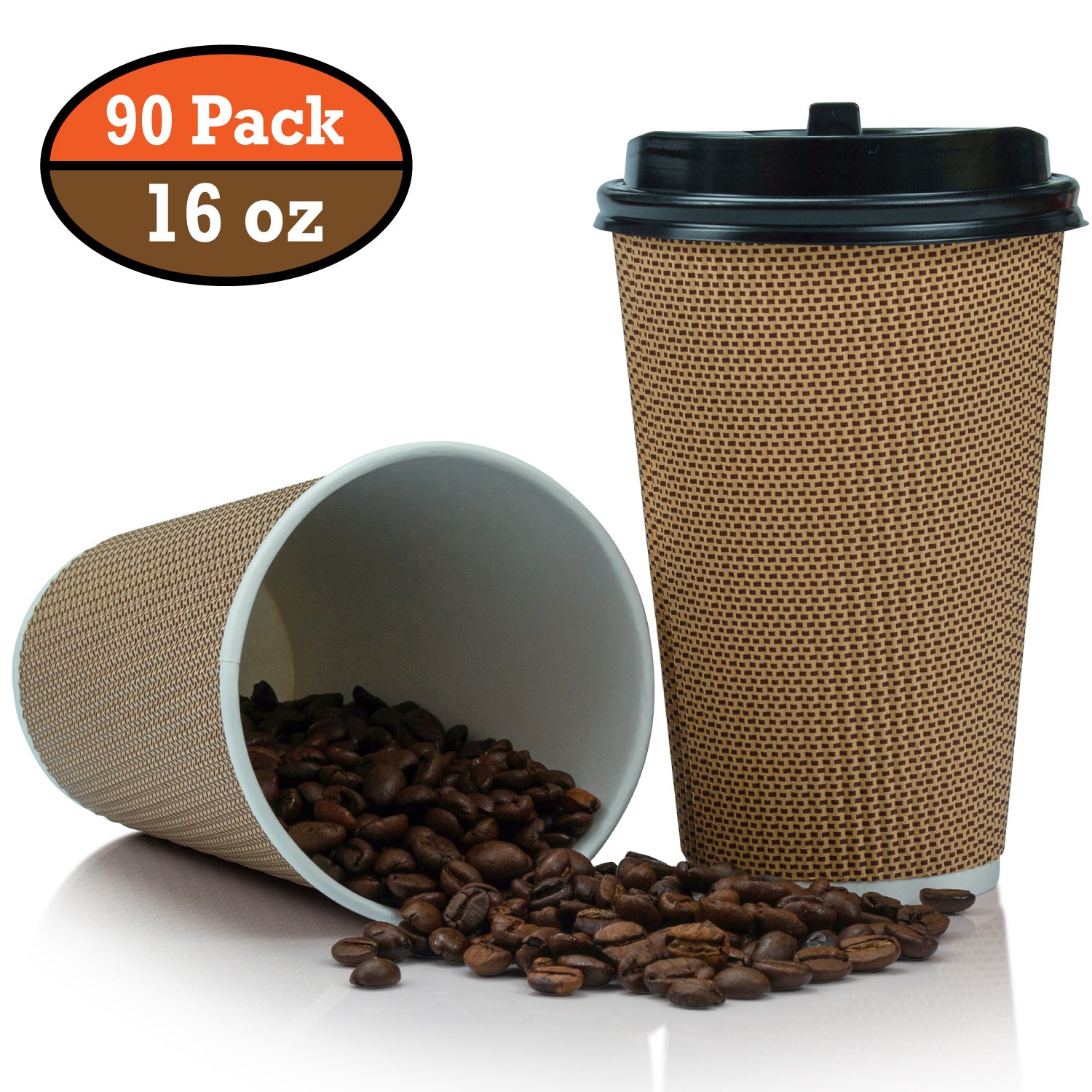 OzBSP Disposable BROWN Paper Coffee Cups & Lids 16 oz. 90 Pack Ripple Wall Design