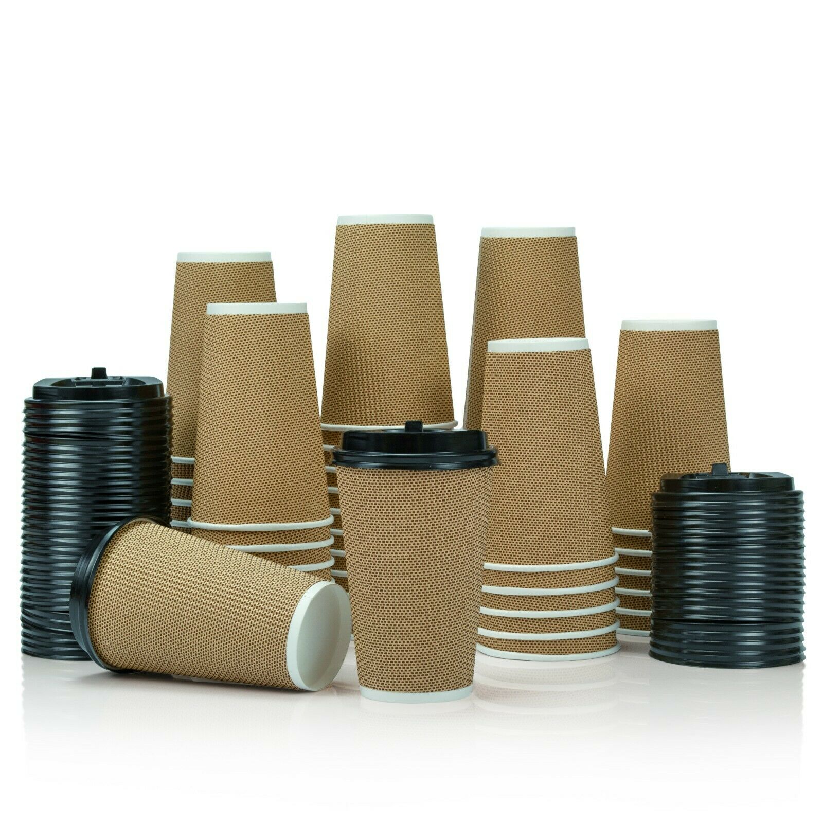 OzBSP Disposable BROWN Paper Coffee Cups & Lids 16 oz. 90 Pack Ripple Wall Design